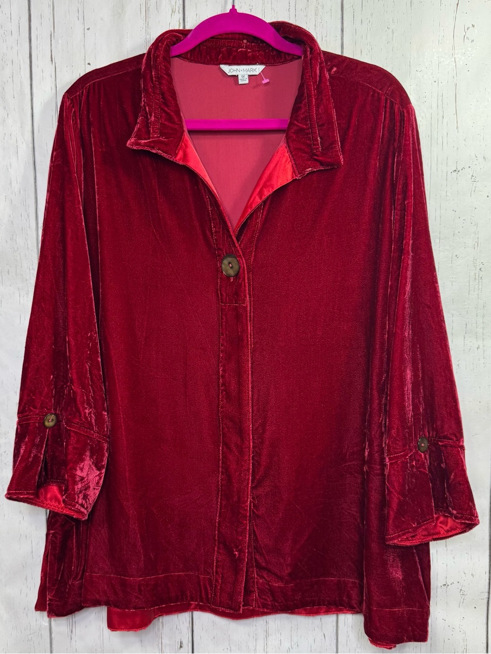 John + Mark Red Velvet Button Front Tunic Top 1X Holiday Boho Festive Romantic